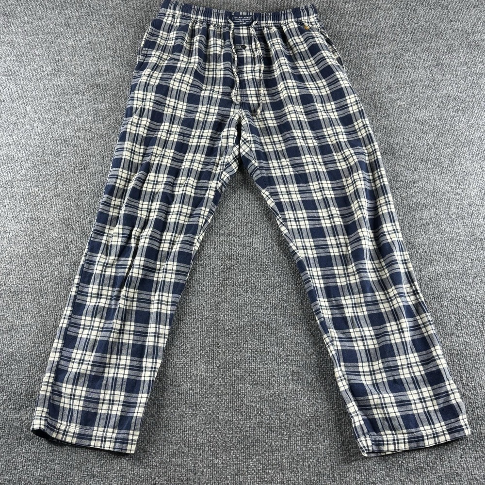 Polo Ralph Lauren Pajama Pants Mens S Blue Plaid Flannel Drawstring Logo Lounge